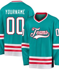 Custom Aqua White-Red Hockey Jersey