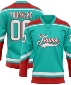 Custom Aqua White-Red Hockey Lace Neck Jersey
