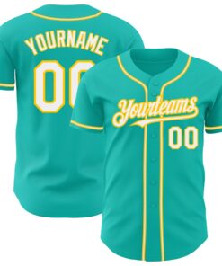 Custom Aqua White-Yellow Authentic Baseball Jersey