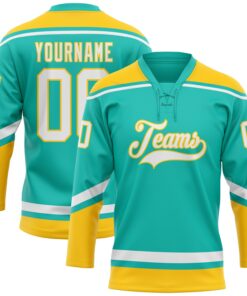 Custom Aqua White-Yellow Hockey Lace Neck Jersey