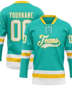 Custom Aqua White-Yellow Hockey Lace Neck Jersey