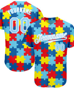 Custom Autism Awareness Puzzle Pieces Light Blue-White 3D Authentic Baseball Jersey