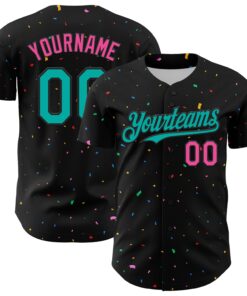 Custom Black Aqua-Pink 3D Pattern Design Confetti Authentic Baseball Jersey