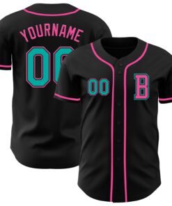 Custom Black Aqua-Pink Authentic Baseball Jersey