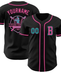 Custom Black Aqua-Pink Authentic Baseball Jersey