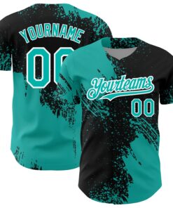Custom Black Aqua-White 3D Pattern Design Abstract Brush Stroke Authentic Baseball Jersey
