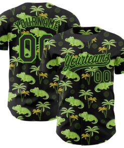 Custom Black Aurora Green 3D Pattern Design Crocodile And Tropical Hawaii Palm Trees Authentic Baseball Jersey