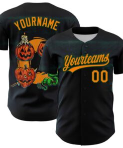 Custom Black Bay Orange-Green 3D Halloween Authentic Baseball Jersey