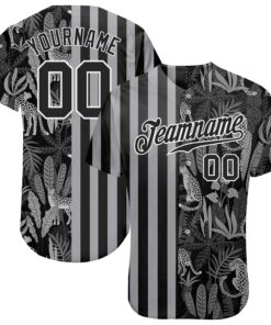Custom Black Black-Gray 3D Pattern Design Leopards And Tropical Palm Leaves Authentic Baseball Jersey
