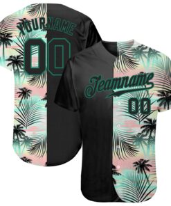 Custom Black Black-Kelly Green 3D Pattern Design Tropical Palm Leaves Authentic Baseball Jersey