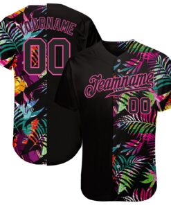 Custom Black Black-Pink 3D Pattern Design Tropical Palm Leaves Authentic Baseball Jersey