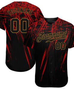 Custom Black Black Red-Old Gold 3D Pattern Design Authentic Baseball Jersey