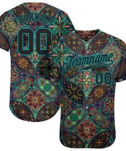 Custom Black Black-Teal 3D Pattern Design Mandalas Authentic Baseball Jersey