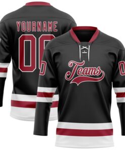 Custom Black Cardinal-White Hockey Lace Neck Jersey