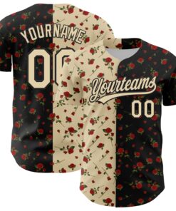 Custom Black Cream 3D Pattern Design Gothic Style Rose Authentic Baseball Jersey