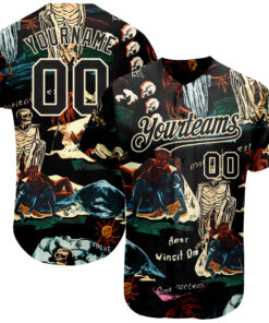 Custom Black Cream 3D Tropical Plant And Skull Fashion Authentic Baseball Jersey