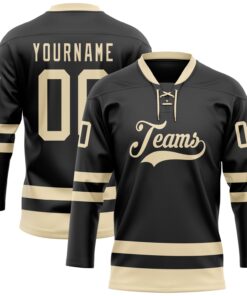 Custom Black Cream Hockey Lace Neck Jersey