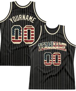 Custom Black Cream Pinstripe Vintage USA Flag-Cream Authentic Basketball Jersey