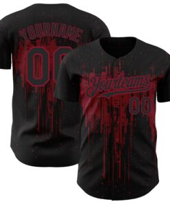 Custom Black Crimson 3D Pattern Design Dripping Splatter Art Authentic Baseball Jersey
