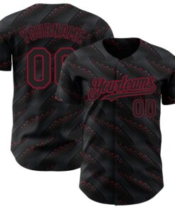 Custom Black Crimson 3D Pattern Design Slant Lines Authentic Baseball Jersey