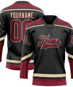 Custom Black Crimson-City Cream Hockey Lace Neck Jersey