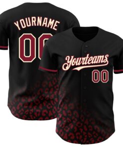 Custom Black Crimson-Cream 3D Pattern Design Leopard Print Fade Fashion Authentic Baseball Jersey