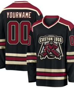 Custom Black Crimson-Cream Hockey Jersey