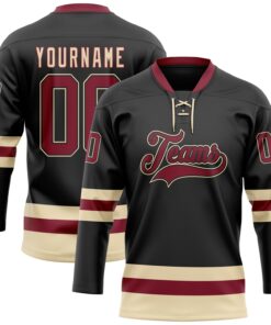 Custom Black Crimson-Cream Hockey Lace Neck Jersey