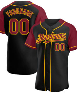 Custom Black Crimson-Gold Authentic Raglan Sleeves Baseball Jersey