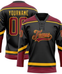 Custom Black Crimson-Gold Hockey Lace Neck Jersey