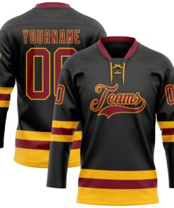 Custom Black Crimson-Gold Hockey Lace Neck Jersey