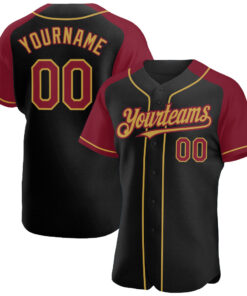 Custom Black Crimson-Old Gold Authentic Raglan Sleeves Baseball Jersey