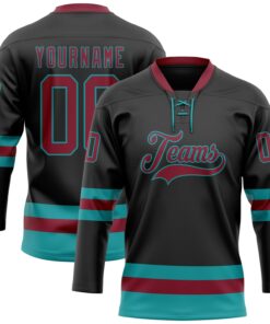 Custom Black Crimson-Teal Hockey Lace Neck Jersey