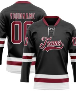 Custom Black Crimson-White Hockey Lace Neck Jersey