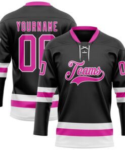 Custom Black Deep Pink-White Hockey Lace Neck Jersey