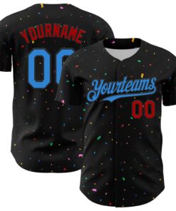 Custom Black Electric Blue-Red 3D Pattern Design Confetti Authentic Baseball Jersey