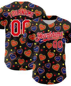 Custom Black Fire Red-White 3D Pattern Design Funny Cartoon Heart Authentic Baseball Jersey