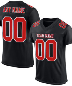 Custom Black Fire Red-White Mesh Authentic Football Jersey