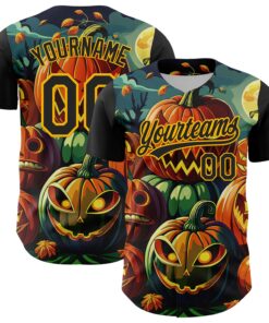 Custom Black Gold 3D Halloween Authentic Baseball Jersey