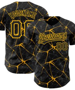 Custom Black Gold 3D Pattern Design Abstract Network Authentic Baseball Jersey