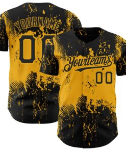 Custom Black Gold 3D Pattern Design Abstract Splatter Grunge Art Authentic Baseball Jersey