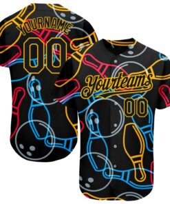 Custom Black Gold 3D Pattern Design Bowling Authentic Baseball Jersey