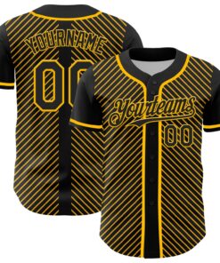 Custom Black Gold 3D Pattern Design Diagonal Stripes Authentic Baseball Jersey