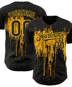 Custom Black Gold 3D Pattern Design Dripping Splatter Art Authentic Baseball Jersey
