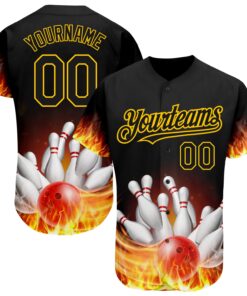 Custom Black Gold 3D Pattern Design Flame Bowling Authentic Baseball Jersey