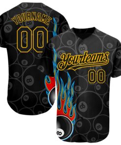 Custom Black Gold 3D Pattern Design Flaming Billiards Snooker 8 Ball Authentic Baseball Jersey