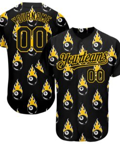Custom Black Gold 3D Pattern Design Flaming Billiards Snooker 8 Ball Authentic Baseball Jersey
