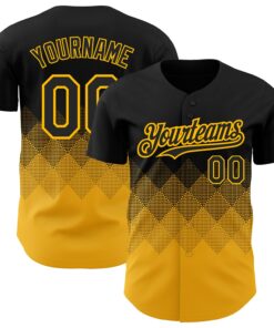 Custom Black Gold 3D Pattern Design Gradient Square Shapes Authentic Baseball Jersey