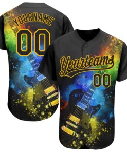 Custom Black Gold 3D Pattern Design Music Festival Guitar With Psychedelic Colors Authentic Baseball Jersey
