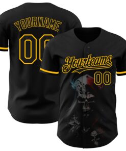 Custom Black Gold 3D Skull Fashion Authentic Baseball Jersey